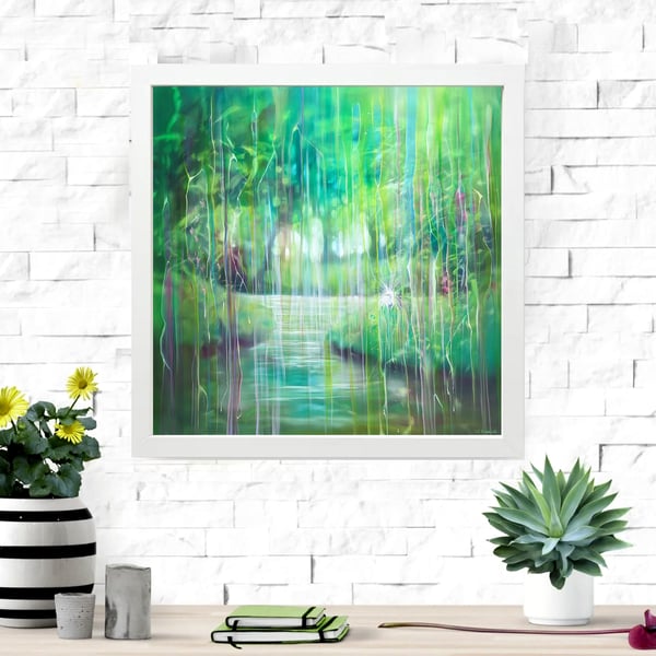 Emanation is a framed canvas print of an abstract green landscape & white egret