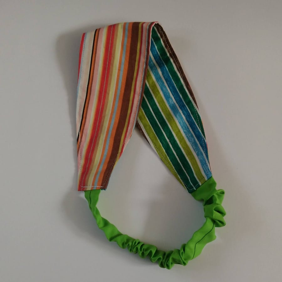 Reversible Headband in Orange and Green Striped Fabric