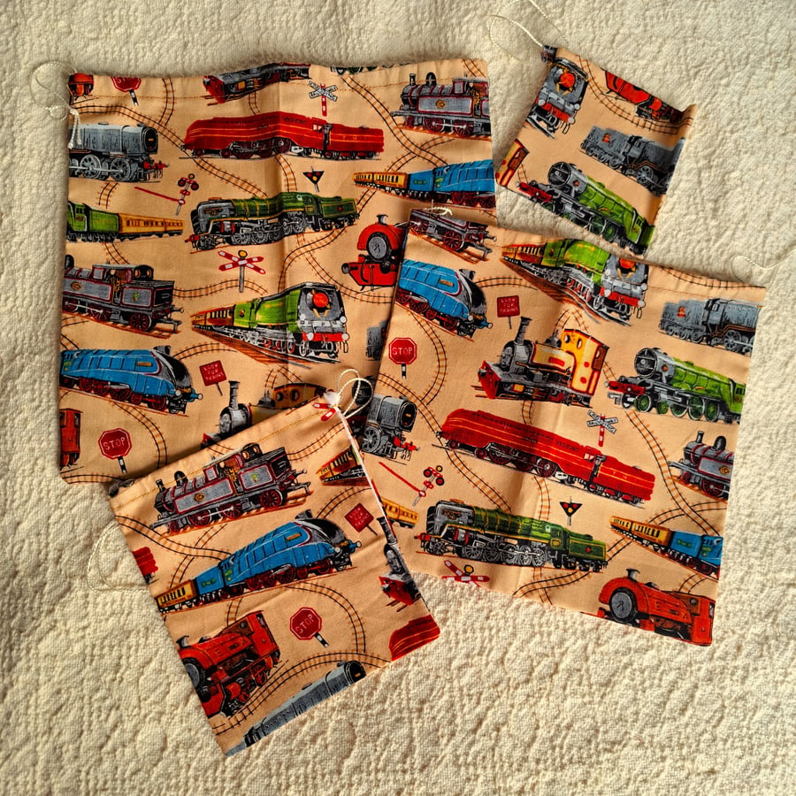 Pack of Four, drawstring bags, gift bags, trains