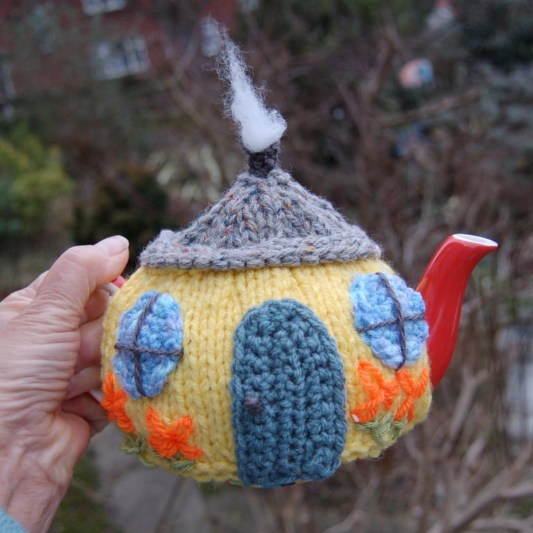 Country cottage tea cosy - hand embroidered, to fit a tea for one or two  teapot