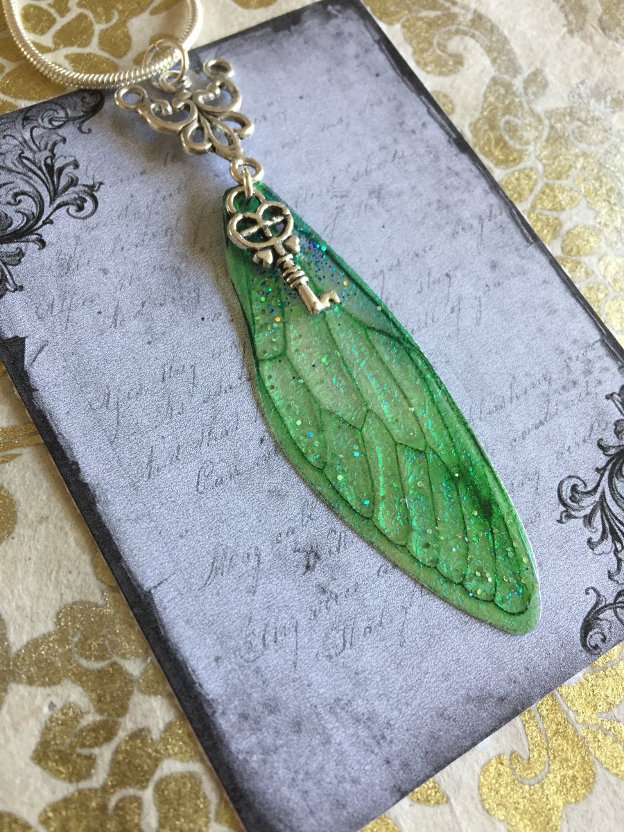 Sparkling Green Sterling Silver Key Fairy Wing Necklace