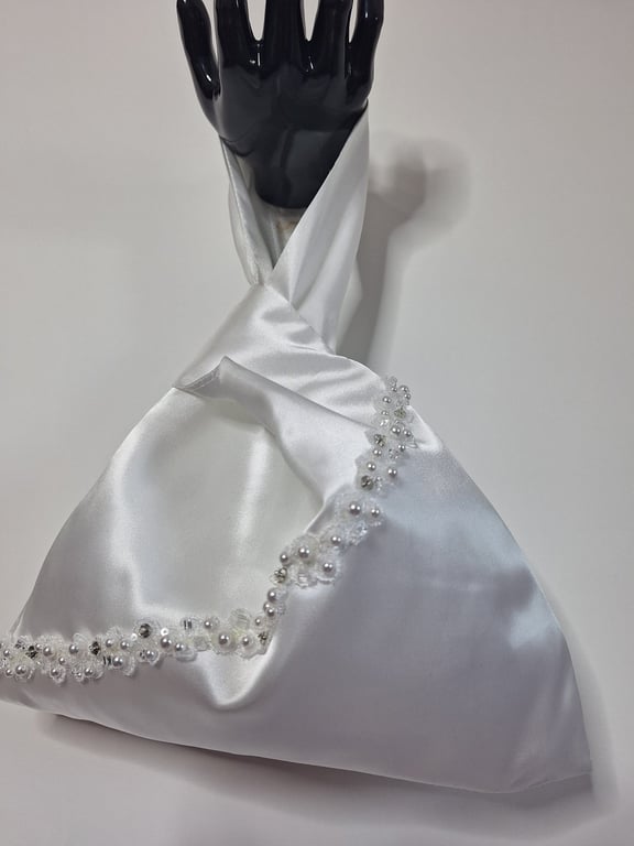 White satin Japanese knot bag, pearl and glass bead lace detail wedding bag 