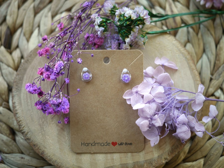 Pearl and Purple Flower Resin Earrings with Sterling Silver