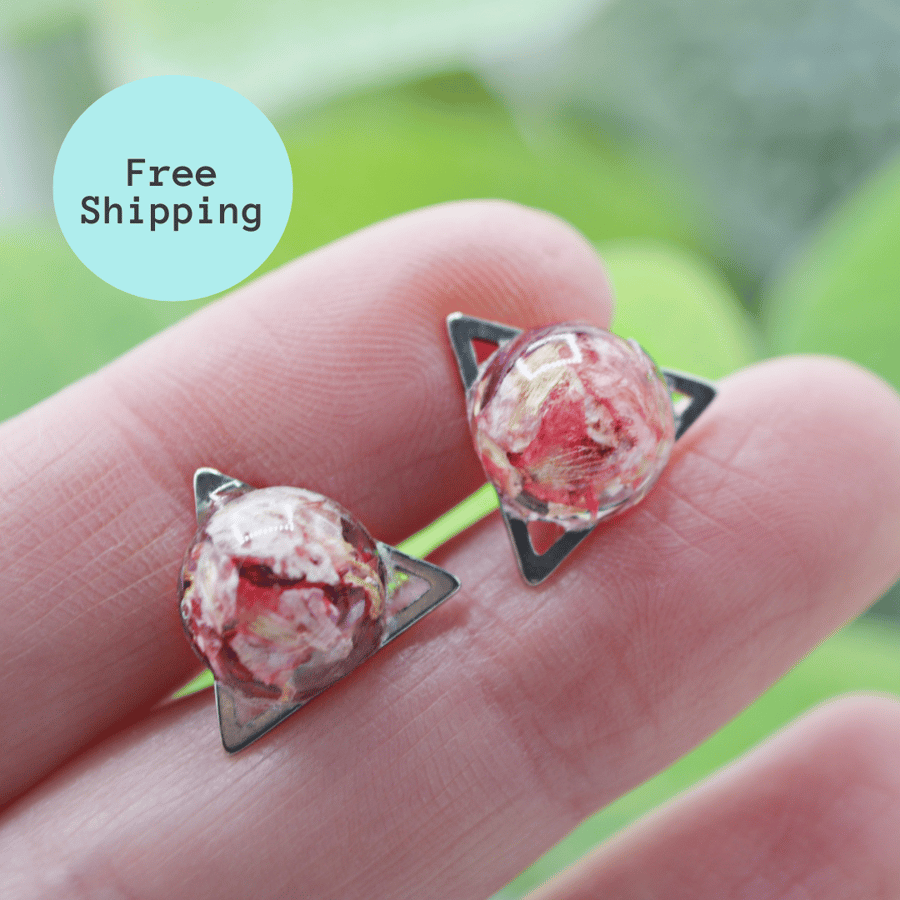 Pink Rose Petal Triangle Stud Earrings - Free Postage