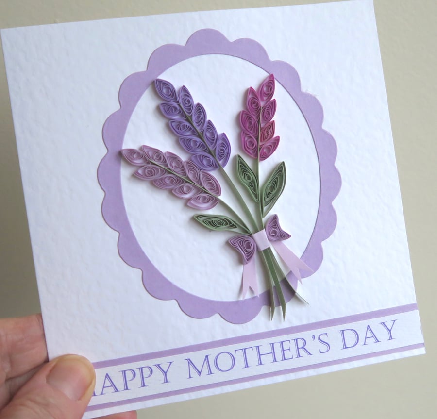 Handmade happy Mother's Day card with quilled lavender flowers