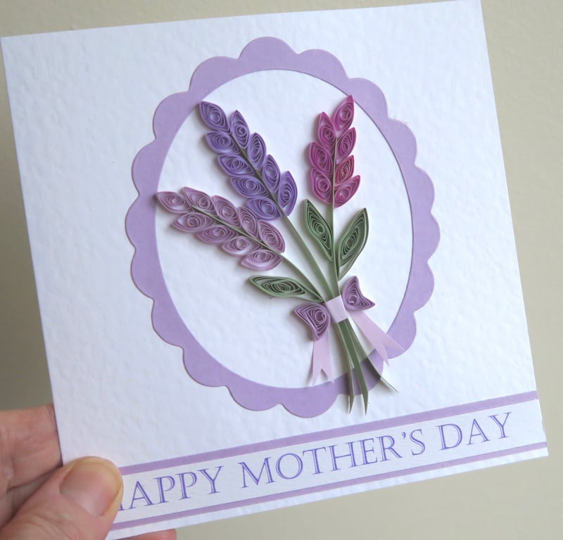 Handmade happy Mother's Day card with quilled lavender flowers