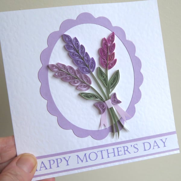 Handmade happy Mother's Day card with quilled lavender flowers