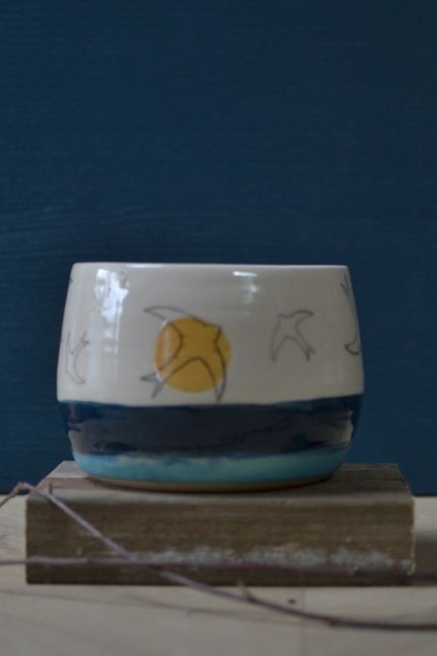 Handmade Ceramic plant pot - decorated with a golden sun and Swift