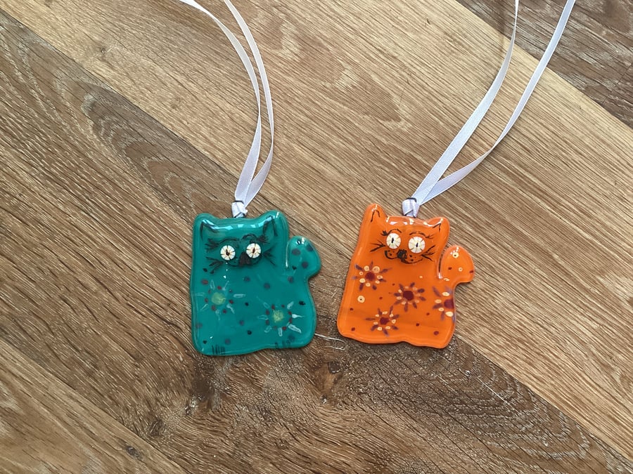 Unusual, quirky, hand decorated fused glass, hanging cat