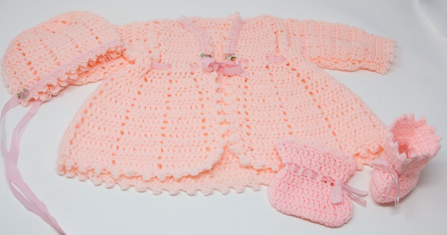 Pastel Pink Baby Coat, Hat & Bootees