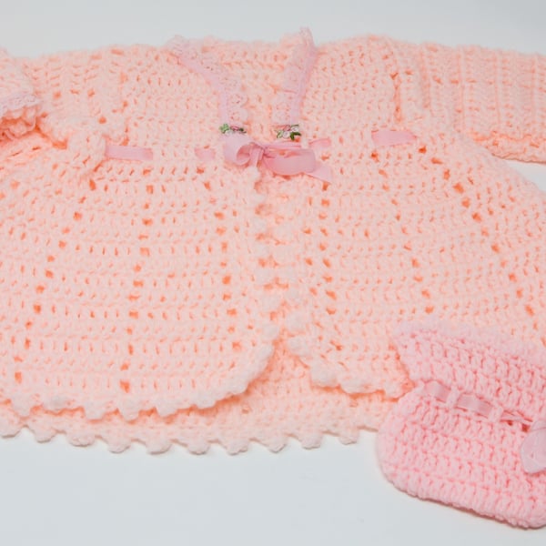 Pastel Pink Baby Coat, Hat & Bootees