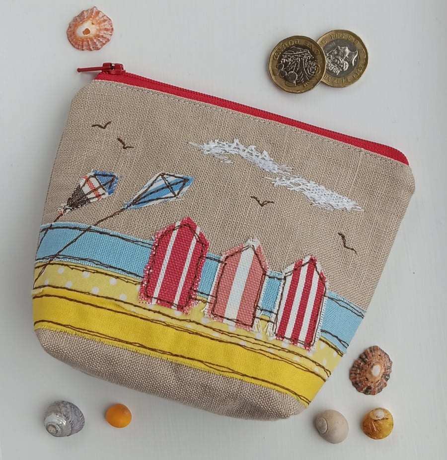 Large Coin Purse with Embroidered Beach Huts and Kites Beach Scene