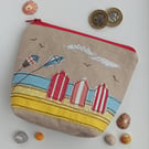 Large Coin Purse with Embroidered Beach Huts and Kites Beach Scene