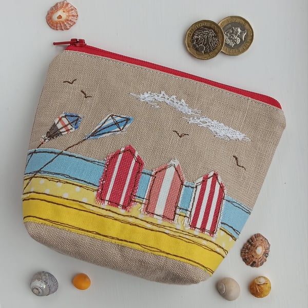 Large Coin Purse with Embroidered Beach Huts and Kites Beach Scene