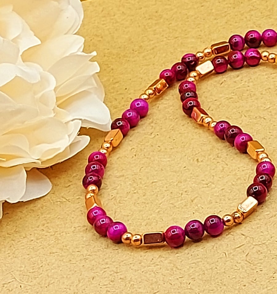 HOT PINK TIGER'S EYE GEMSTONE NECKLACE ROSE GOLD BEADS NECKLACE