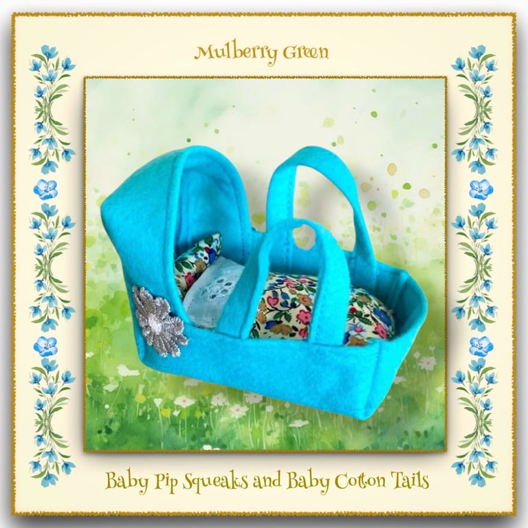 A Pretty Turquoise Felt Cradle for the baby Pip Squeaks and Cotton Tails