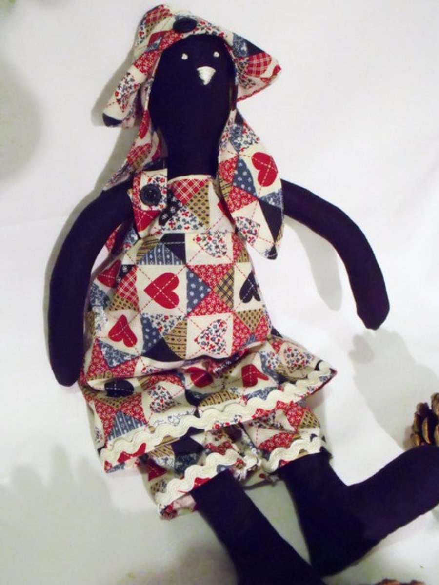 Tilda style navy bunny rabbit doll for display, faux patchwork outfit
