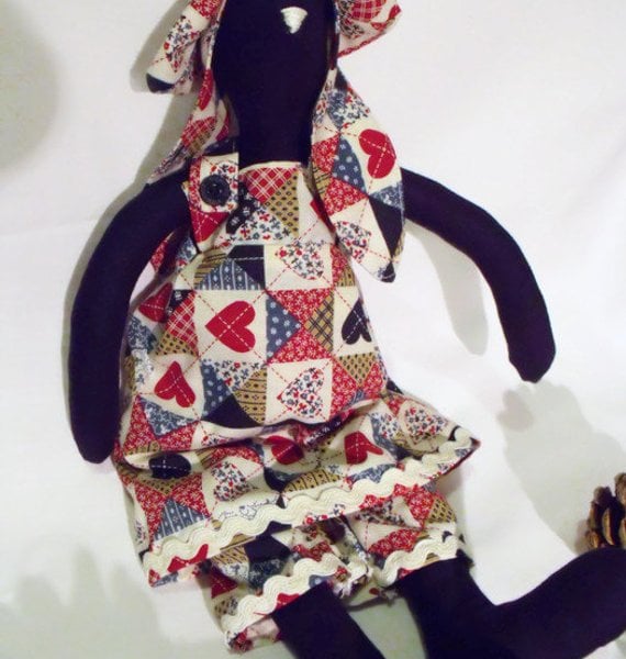 Tilda style navy bunny rabbit doll for display, faux patchwork outfit