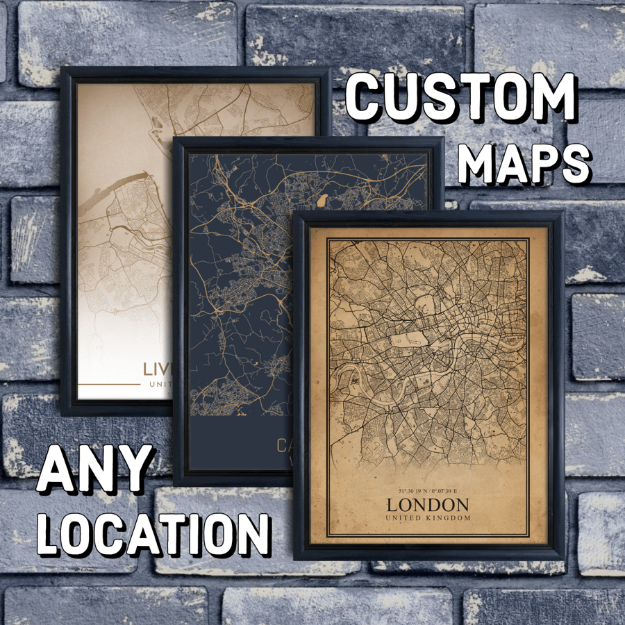 Custom Map Prints, Vintage Style Map Print, Cityscape Framed Poster, City Poster