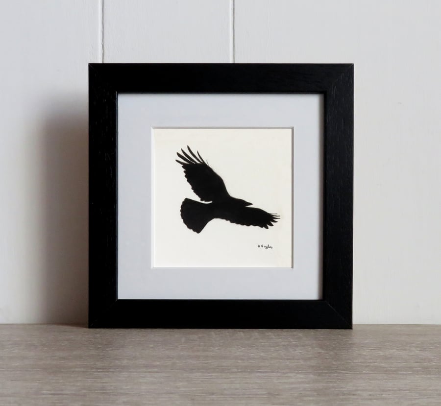  Original charcoal pencil drawing of a flying crow, british wildlife art