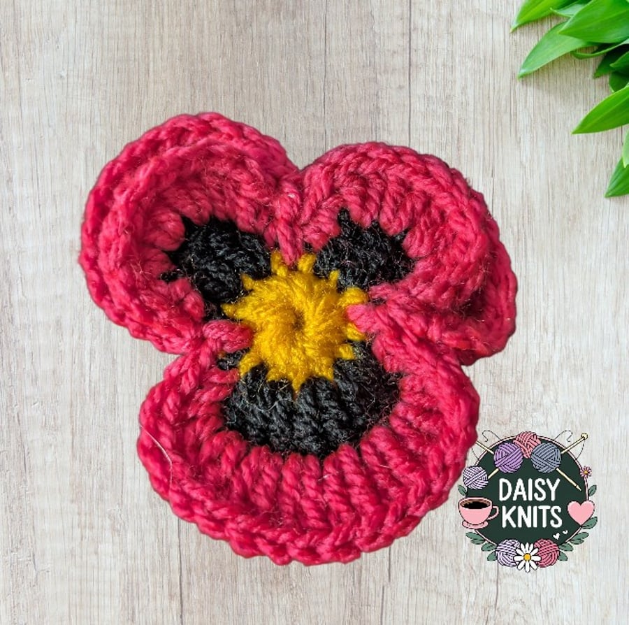 Hand Knitted Pink Pansy Brooch