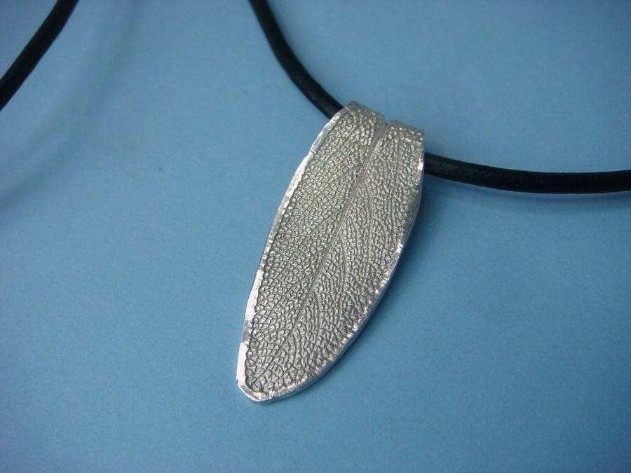 Sage leaf pendant, fine silver