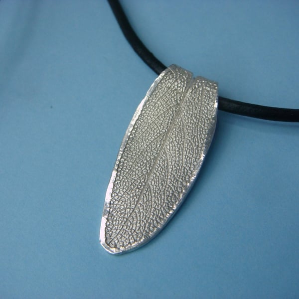 Sage leaf pendant, fine silver