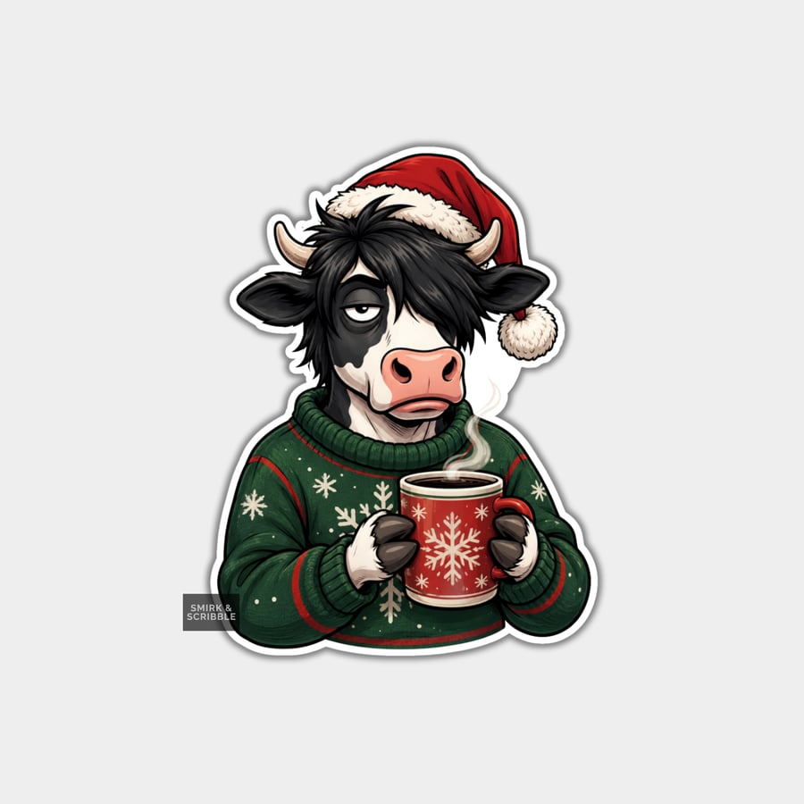Image of Funny Christmas Sticker Vinyl Xmas Decal For Adults - Cow In Festive Jumper