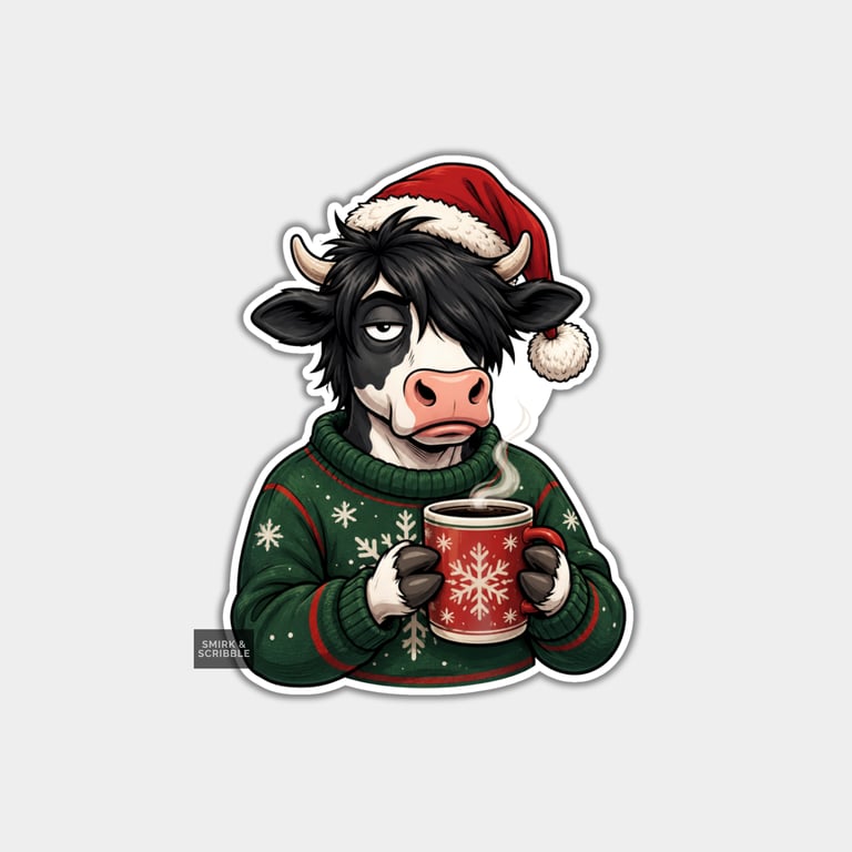 Funny Christmas Sticker Vinyl Xmas Decal For Adults - Cow In Festive Jumper