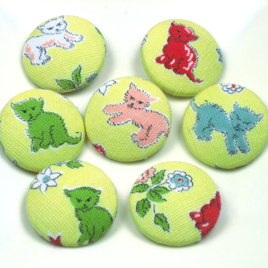 Seven Kitten Buttons in Vintage Yellow Fabric
