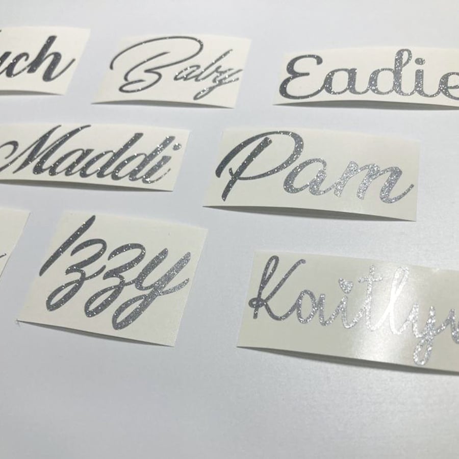 Personalised Silver Glitter Name Vinyl Wedding Sticker in multiple fonts 