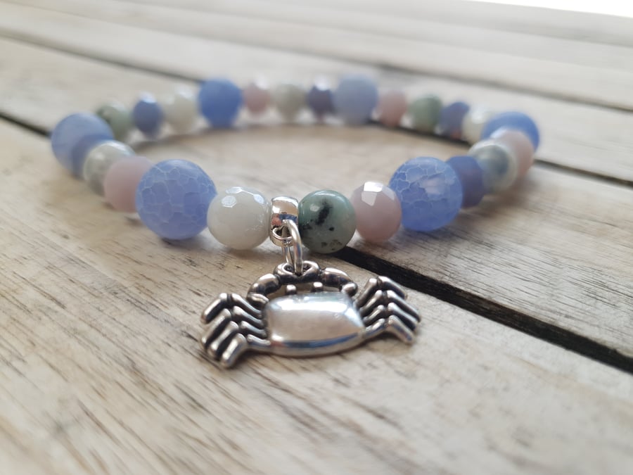 Elasticated Bracelet - Agate & Mixed Bead Bracelet With Crab Charm