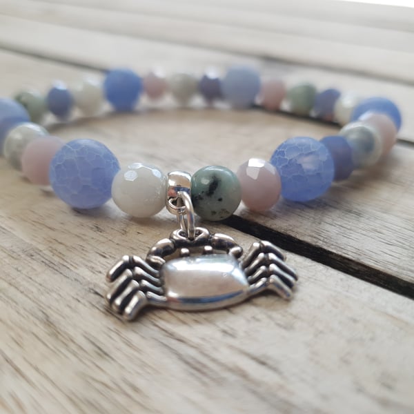 Elasticated Bracelet - Agate & Mixed Bead Bracelet With Crab Charm
