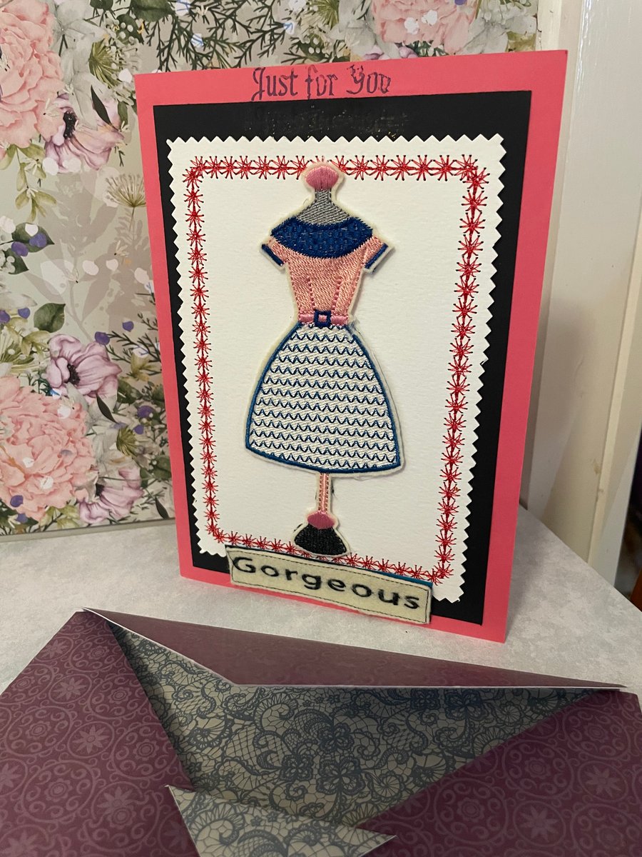 Handmade embroidered greetings card 1950s fashion 