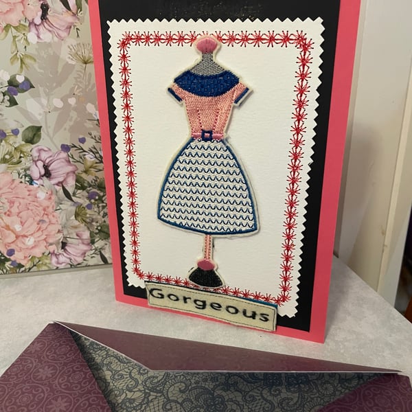 Handmade embroidered greetings card 1950s fashion 