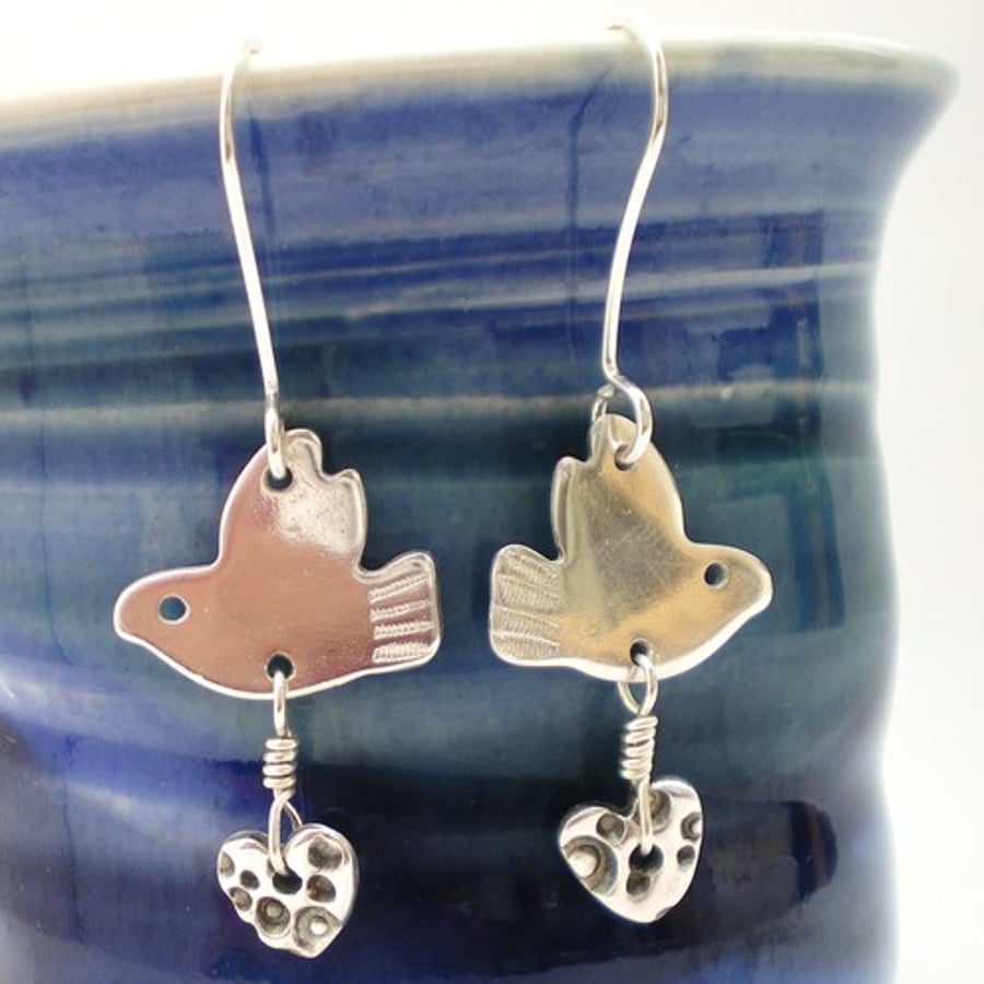 Silver Dove and Heart Earrings