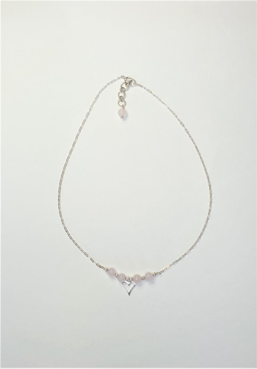 Rose Quartz and Heart Necklace with Sterling Silver, Choker Style