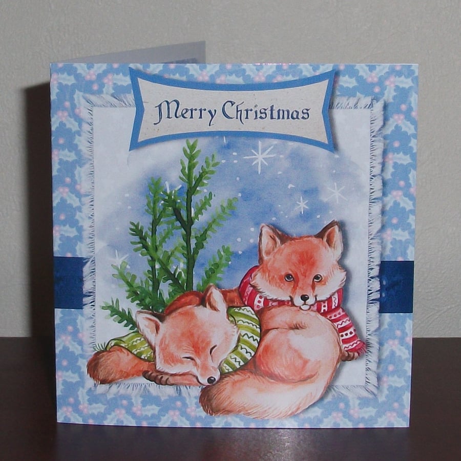 Two Foxes snuggling up Christmas card, with hand cut decoration and glitter