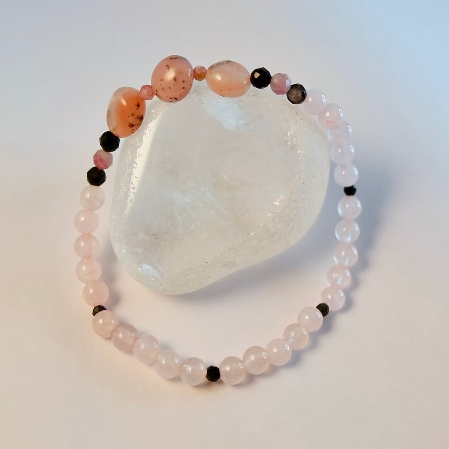 Pink Opal And Rose Quartz Bracelet With Faceted Tourmaline - Handmade In Devon