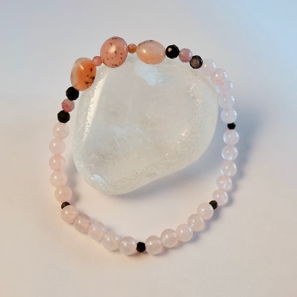 Pink Opal And Rose Quartz Bracelet With Faceted Tourmaline - Handmade In Devon