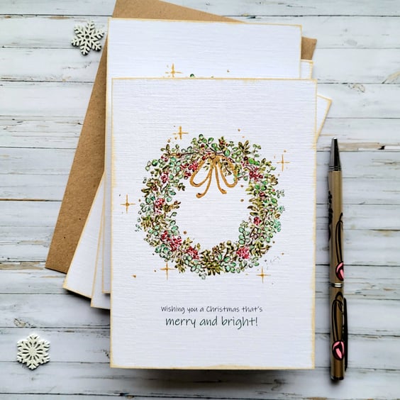 Christmas Wreath Card Set - 4 card set - eucalyptus wreath, gold elements, berry