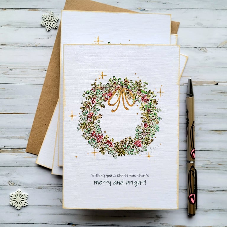 Christmas Wreath Card Set - 4 card set - eucalyptus wreath, gold elements, berry