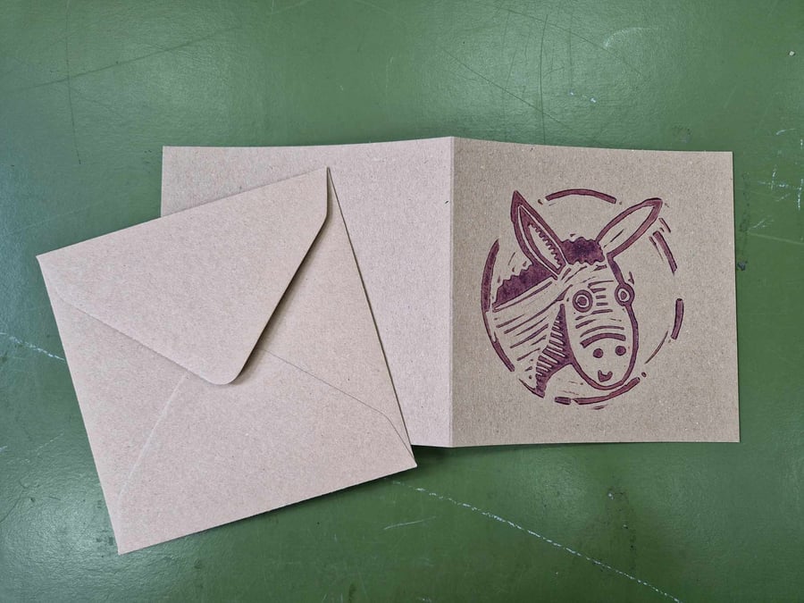 Wee donkey lino printed card and envelope. 