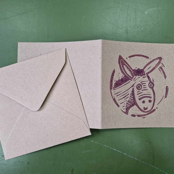 Wee donkey lino printed card and envelope. 