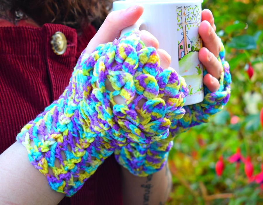 Colourful Dragonscale Fingerless Gloves in Non Wool Yarn Suitable for Vegans