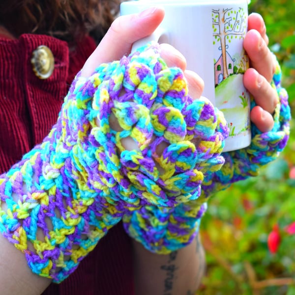 Colourful Dragonscale Fingerless Gloves in Non Wool Yarn Suitable for Vegans