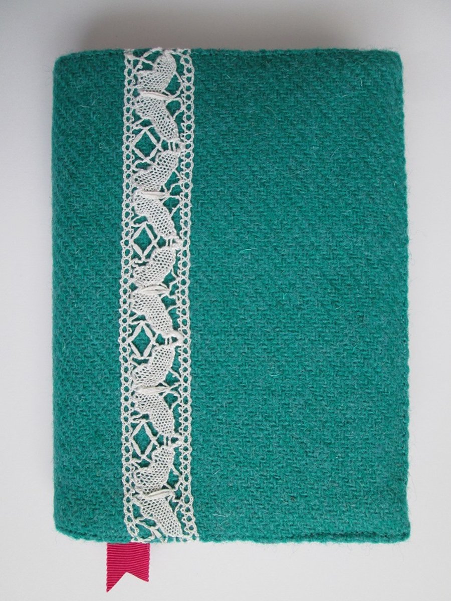 A6 'Harris Tweed' Reusable Notebook Cover - Turquoise with Butterfly Lace