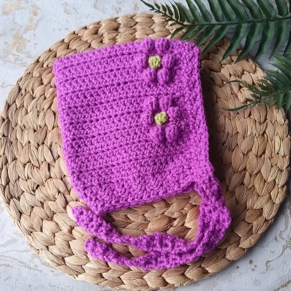 Crochet Flower Pixie Bonnet Hat 6-12 months Magenta