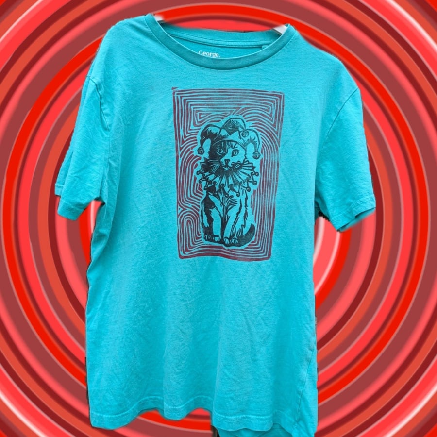 upcycled lino print unique jester cat tshirt sized small