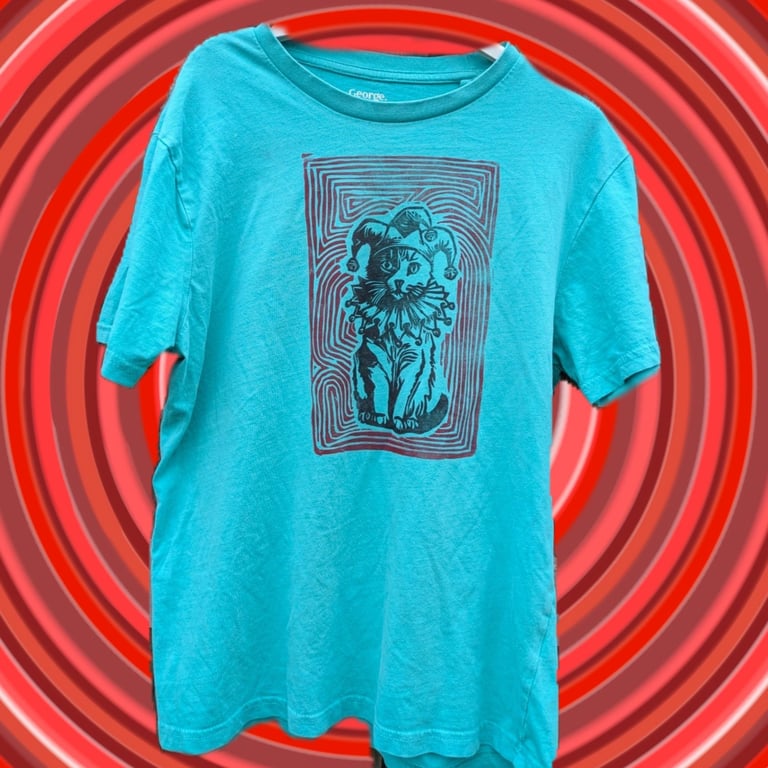 upcycled lino print unique jester cat tshirt sized small